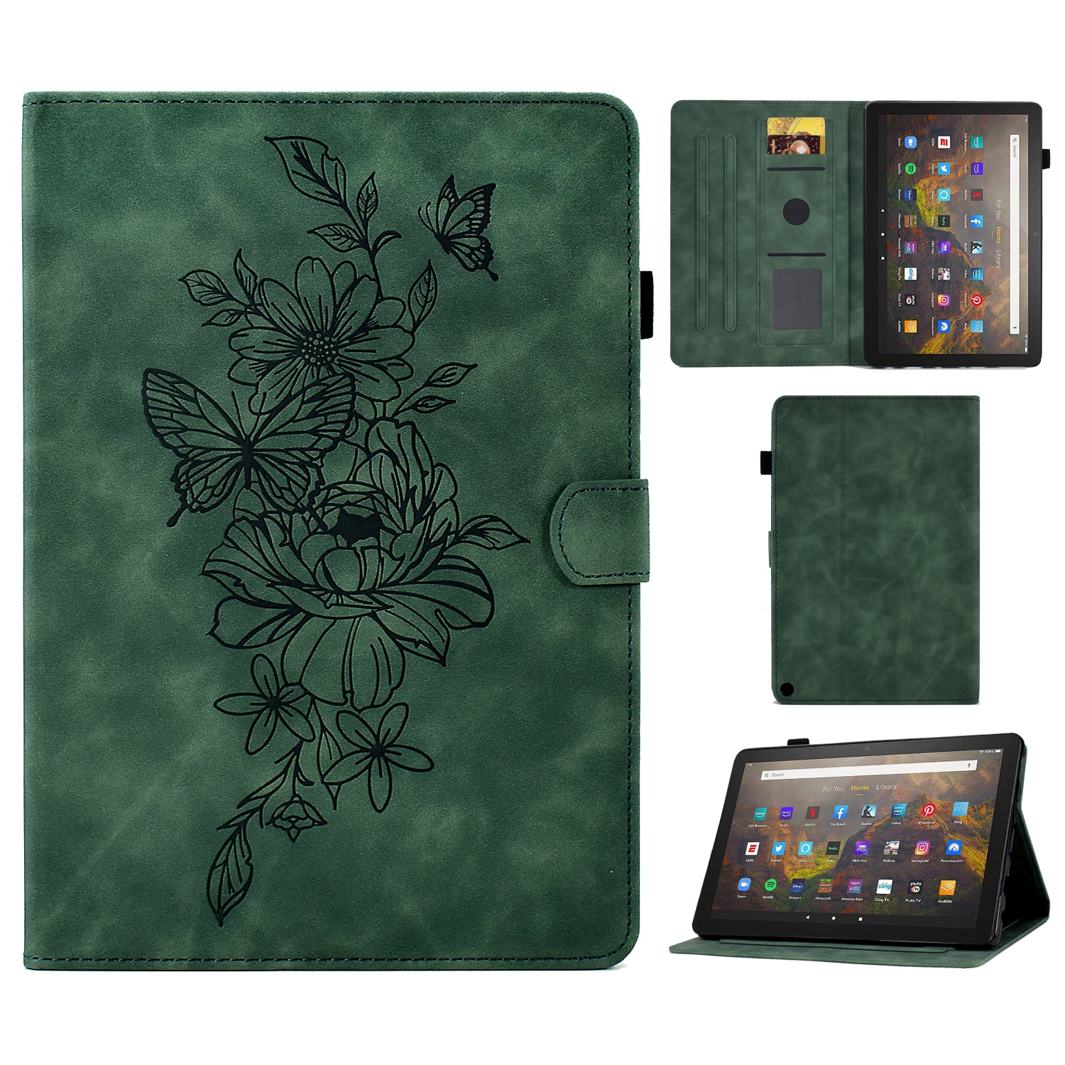 For Amazon Fire HD 10 (2021) / HD 10 Plus (2021) Flip Stand Smart Tablet Cover PU Leather Butterfly Flower Pattern Imprinted Protective Case with Card Holder