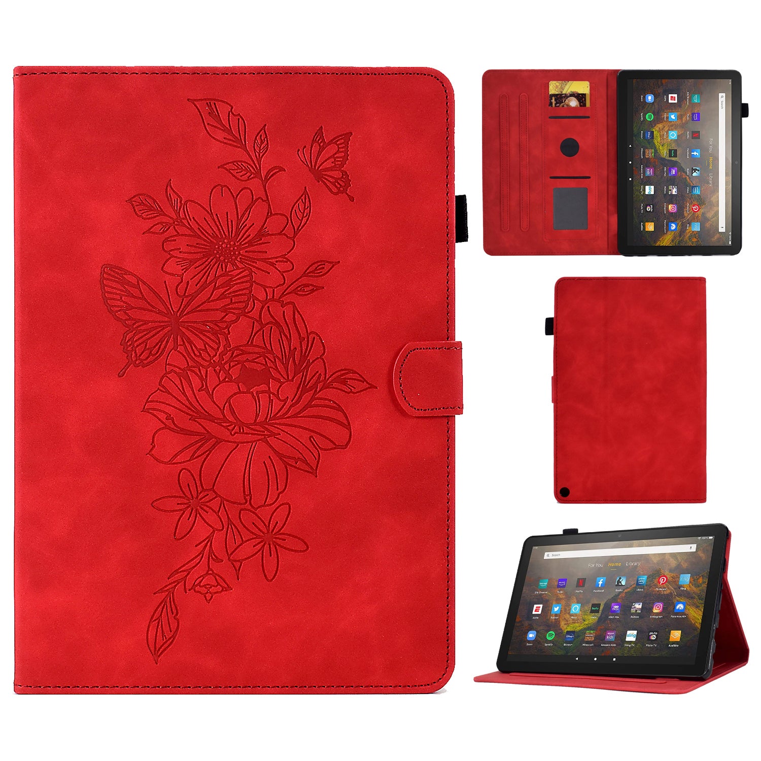 For Amazon Fire HD 10 (2021) / HD 10 Plus (2021) Flip Stand Smart Tablet Cover PU Leather Butterfly Flower Pattern Imprinted Protective Case with Card Holder