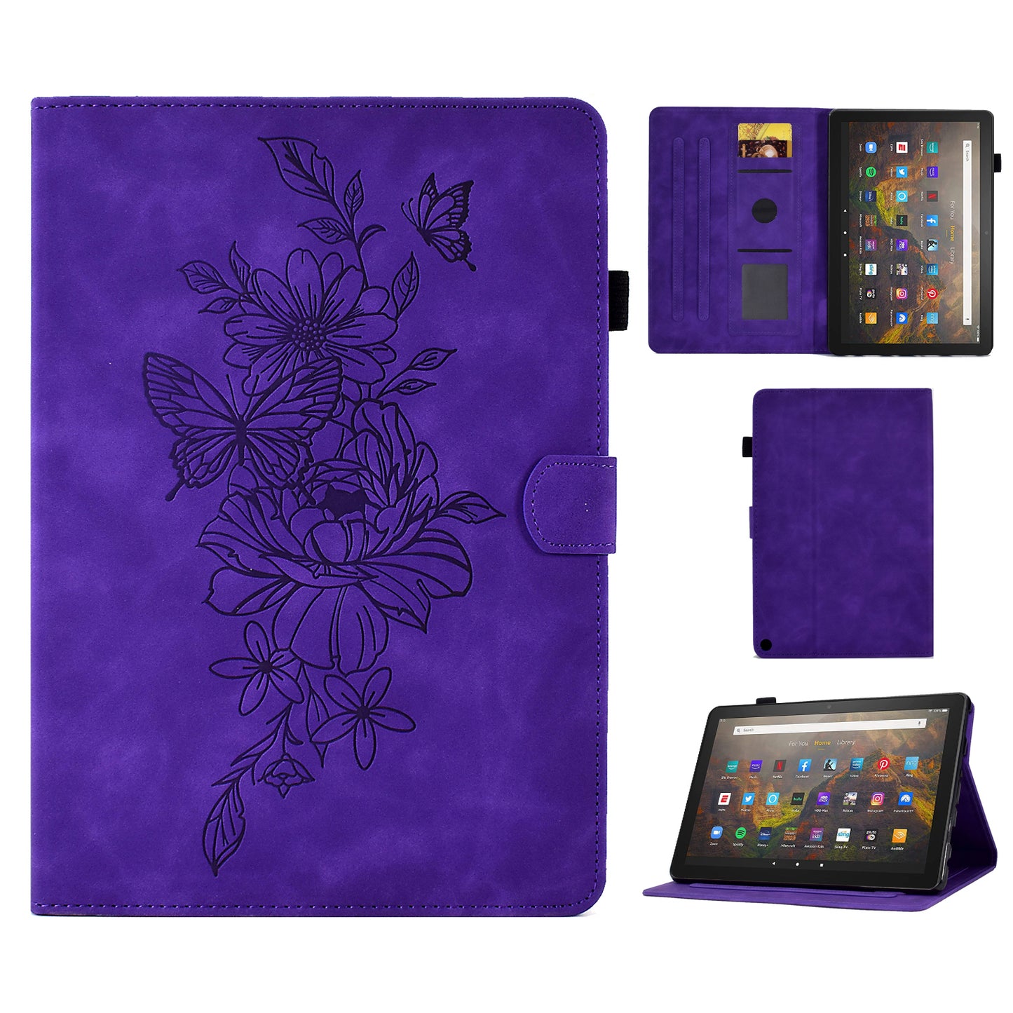 For Amazon Fire HD 10 (2021) / HD 10 Plus (2021) Flip Stand Smart Tablet Cover PU Leather Butterfly Flower Pattern Imprinted Protective Case with Card Holder