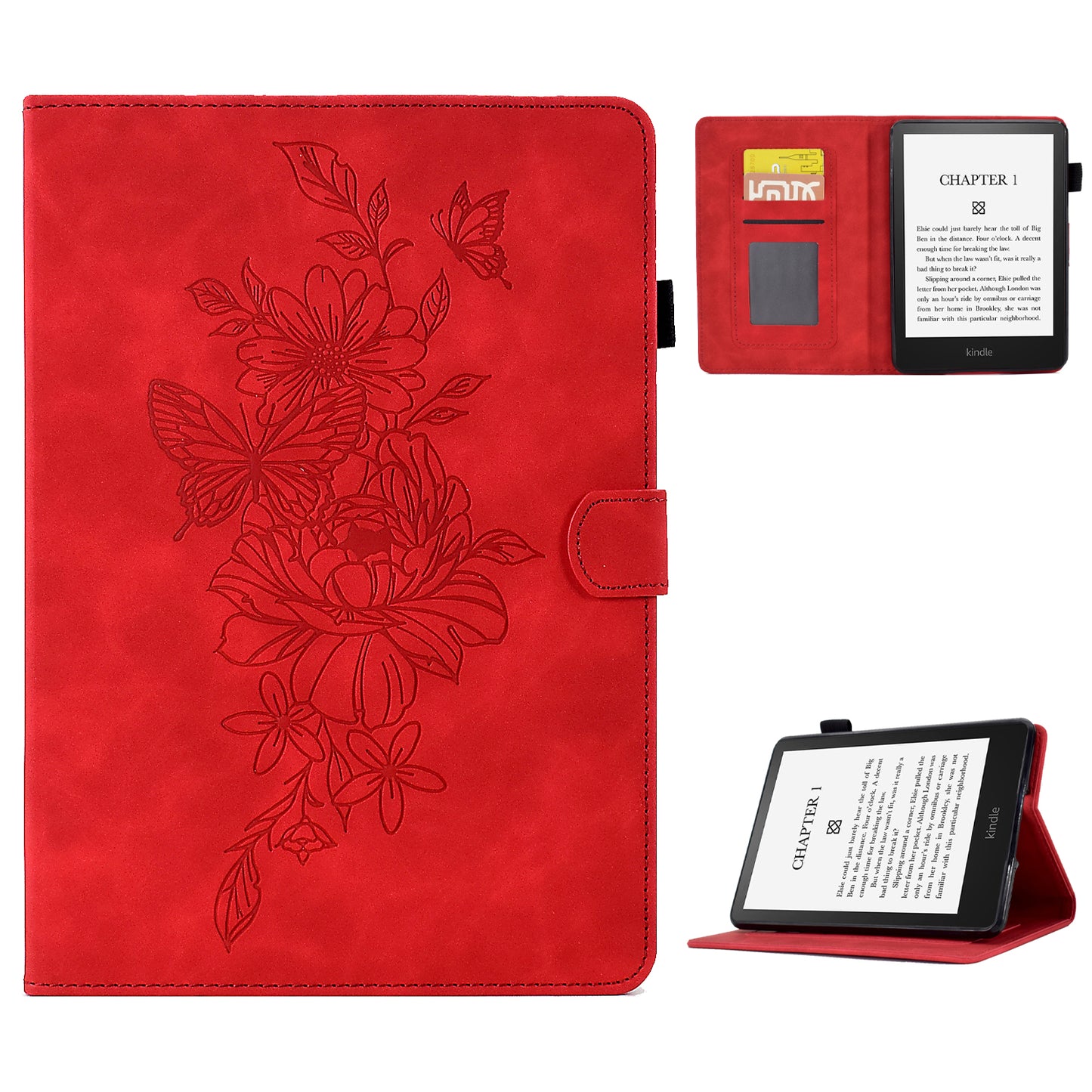 For Amazon Kindle Paperwhite 5 (2021) Butterfly Flower Pattern Imprinted Folio Smart Cover Stitching Line PU Leather Stand Tablet Case with Card Holder