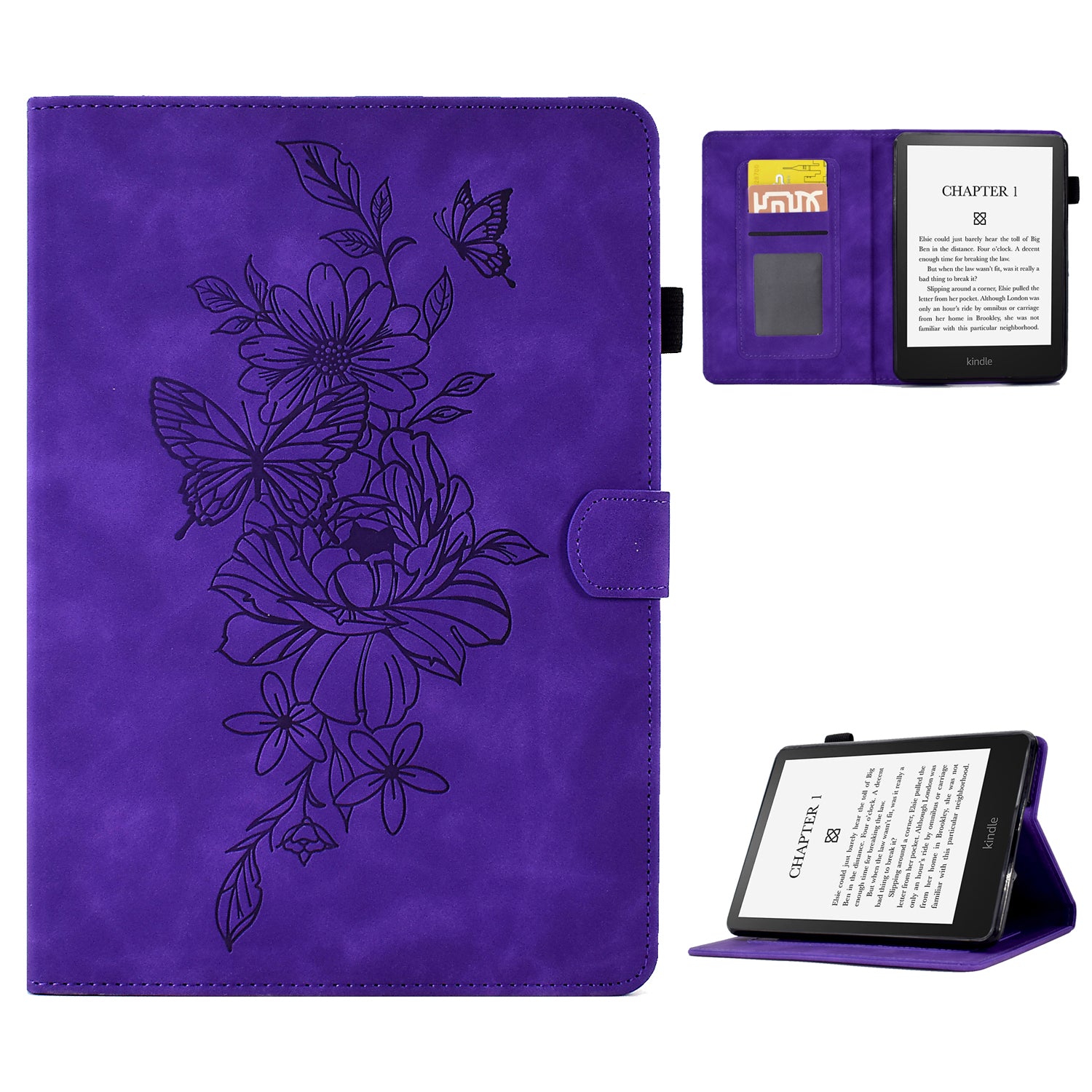 For Amazon Kindle Paperwhite 5 (2021) Butterfly Flower Pattern Imprinted Folio Smart Cover Stitching Line PU Leather Stand Tablet Case with Card Holder