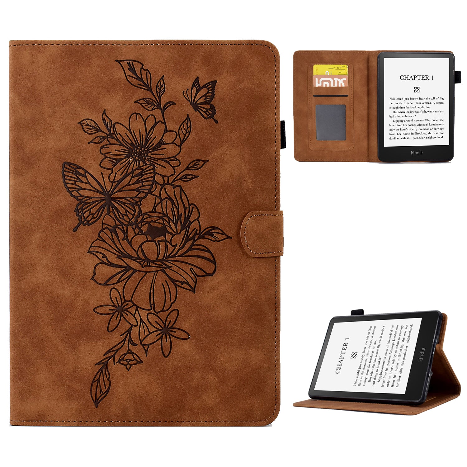 For Amazon Kindle Paperwhite 5 (2021) Butterfly Flower Pattern Imprinted Folio Smart Cover Stitching Line PU Leather Stand Tablet Case with Card Holder