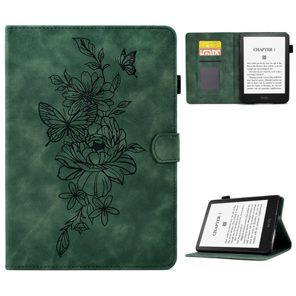 For Amazon Kindle Paperwhite 5 (2021) Butterfly Flower Pattern Imprinted Folio Smart Cover Stitching Line PU Leather Stand Tablet Case with Card Holder