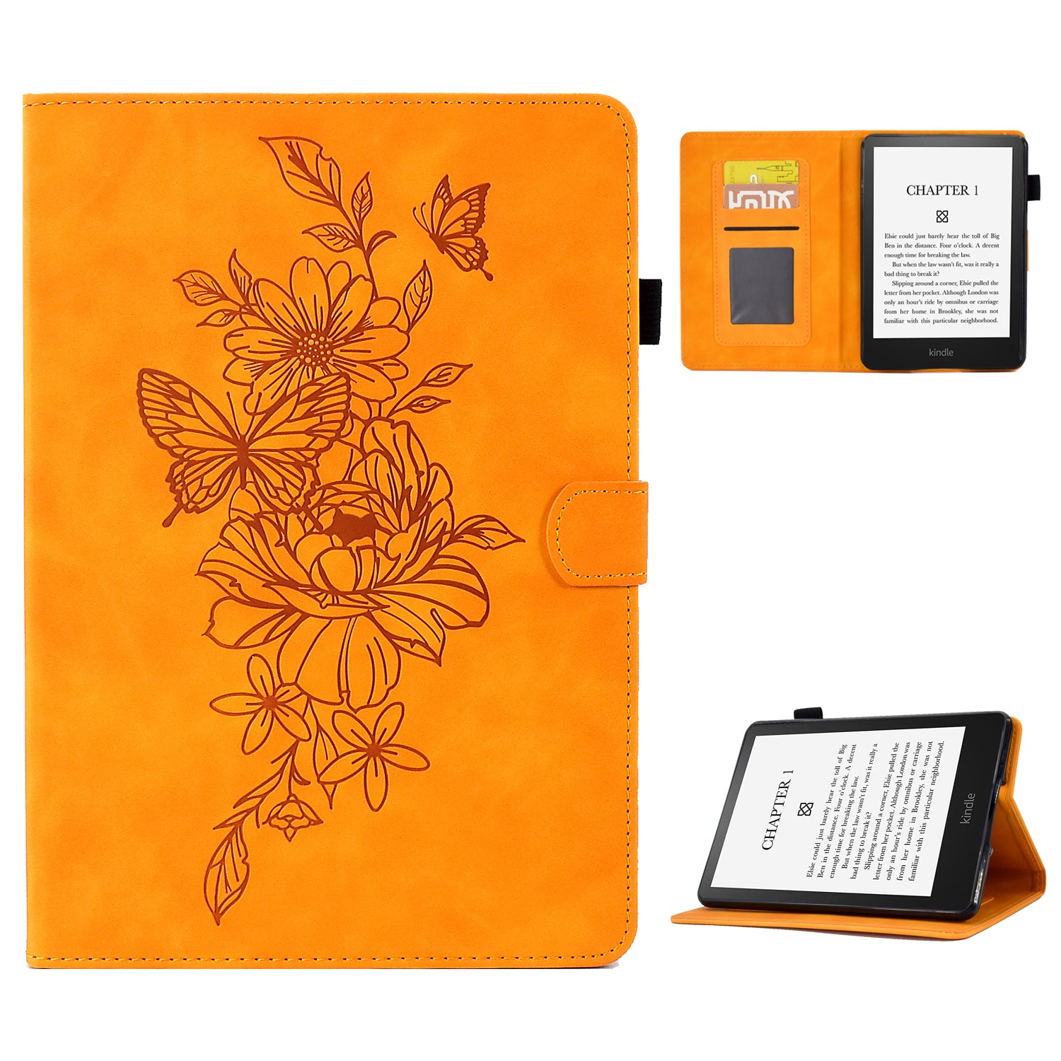 For Amazon Kindle Paperwhite 5 (2021) Butterfly Flower Pattern Imprinted Folio Smart Cover Stitching Line PU Leather Stand Tablet Case with Card Holder