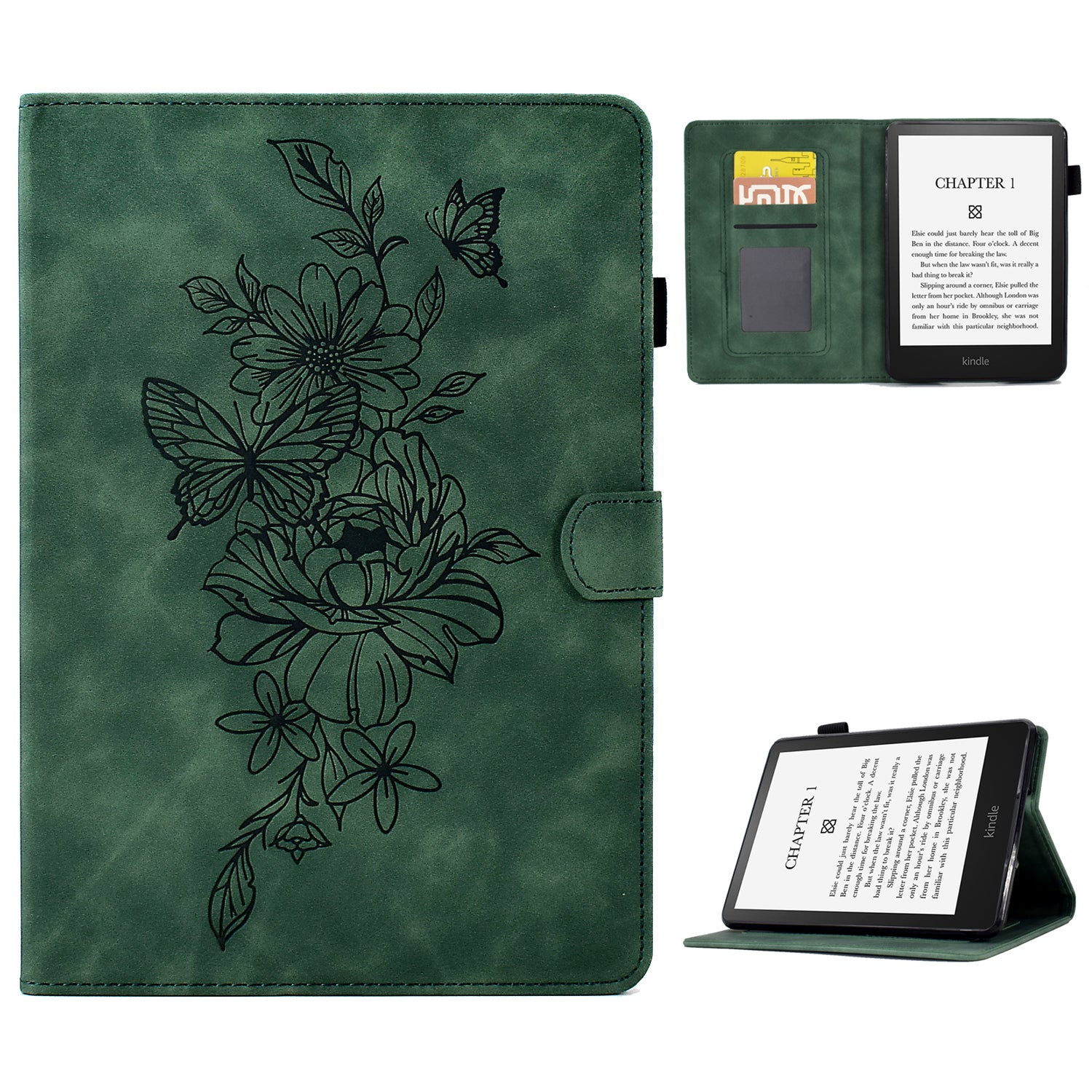 For Amazon Kindle Paperwhite 1 / 2 / 3 / 4 PU Leather Smart Stand Protective Case Butterfly Flower Pattern Imprinted Card Holder Tablet Cover