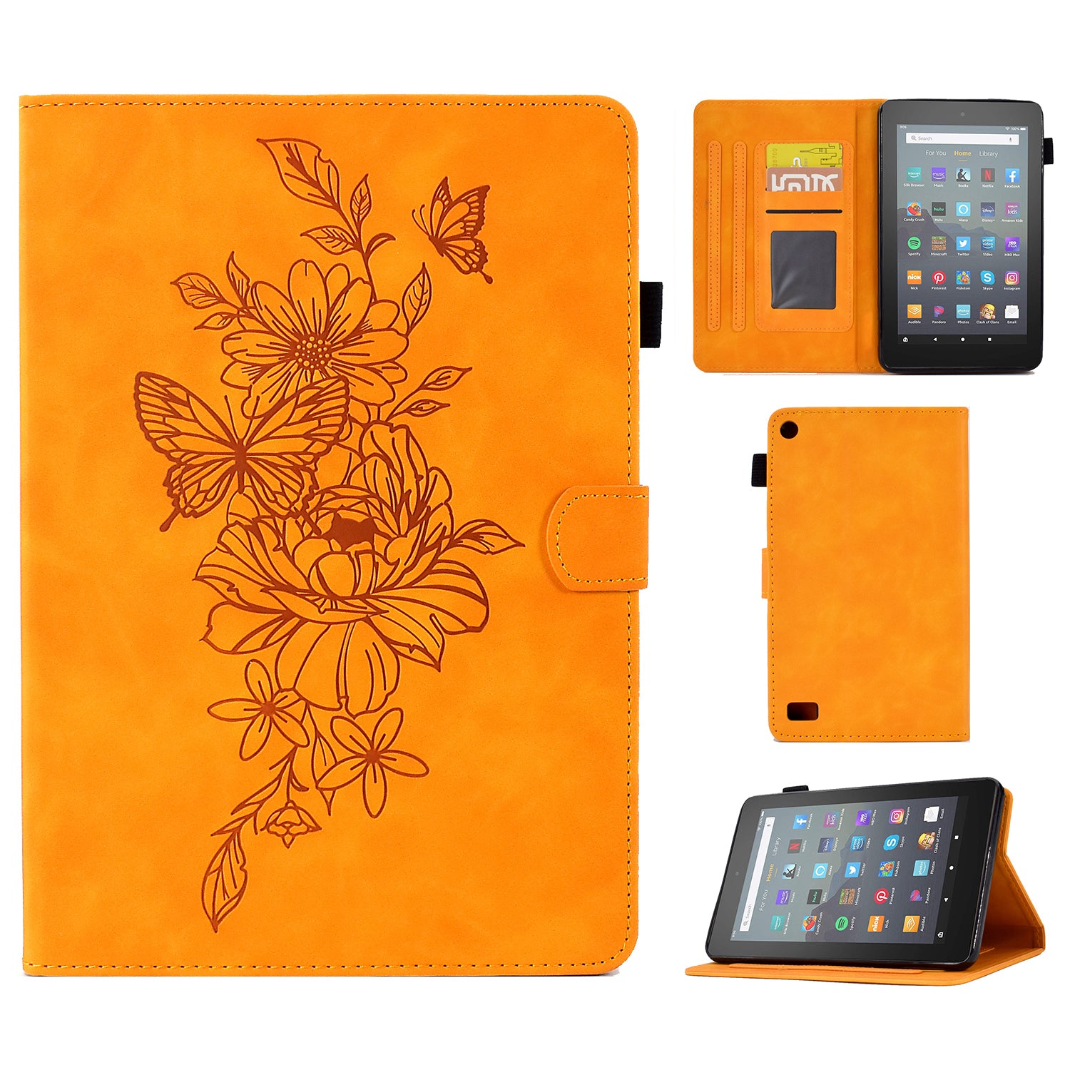 For Amazon Fire 7 (2015) / (2017) / (2019) Butterfly Flower Pattern Imprinted Magnetic Flip Protection Cover PU Leather Stand Card Holder Tablet Case with Auto Wake / Sleep