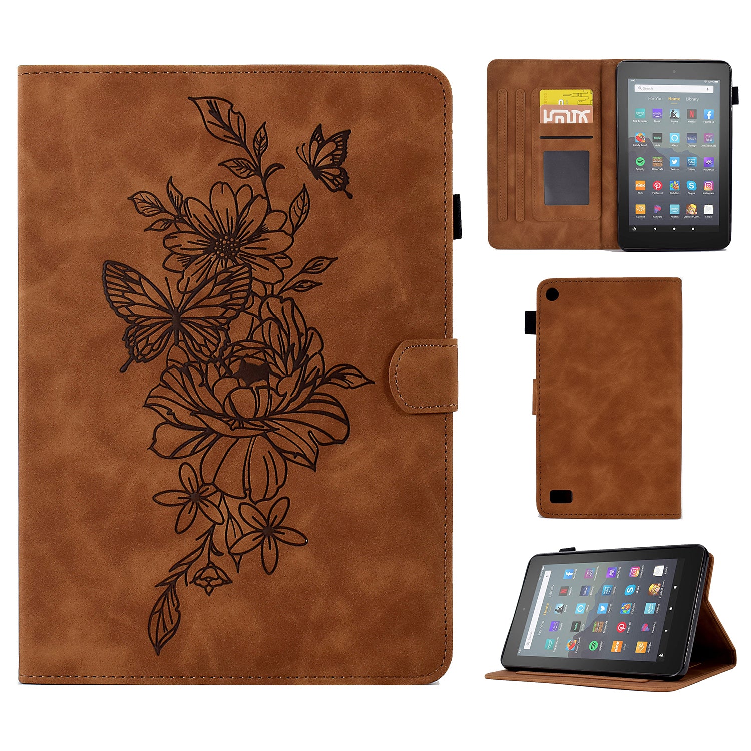 For Amazon Fire 7 (2015) / (2017) / (2019) Butterfly Flower Pattern Imprinted Magnetic Flip Protection Cover PU Leather Stand Card Holder Tablet Case with Auto Wake / Sleep