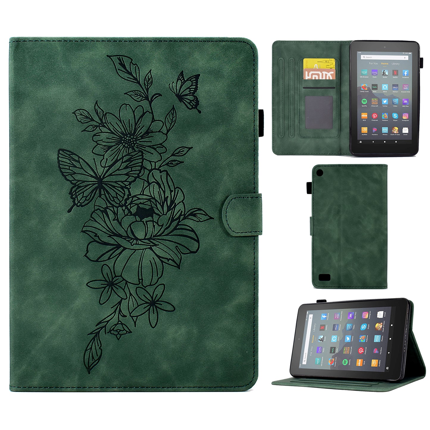 For Amazon Fire 7 (2015) / (2017) / (2019) Butterfly Flower Pattern Imprinted Magnetic Flip Protection Cover PU Leather Stand Card Holder Tablet Case with Auto Wake / Sleep