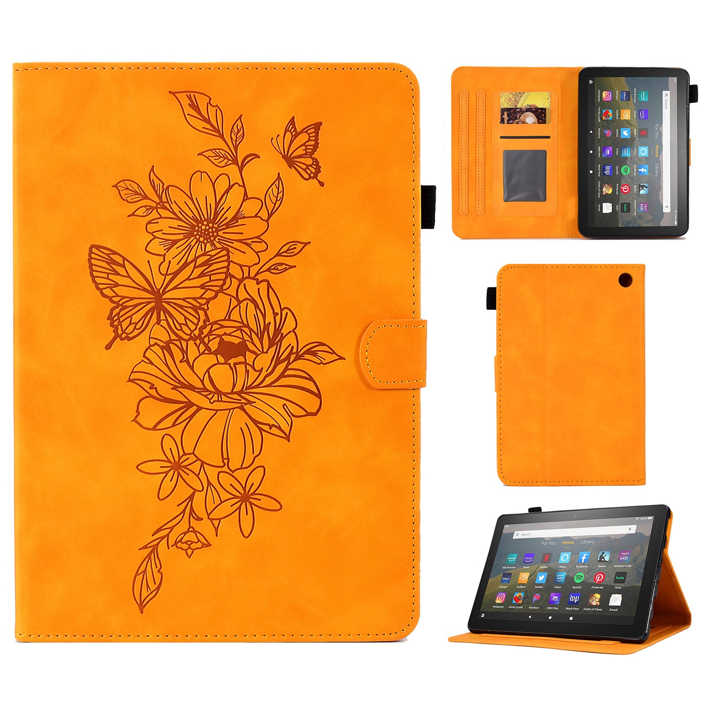 Butterfly Flower Pattern Imprinted Leather Case for Amazon Fire 7 (2022), Stitching Line Full Protection Tablet Cover with Card Holder Stand