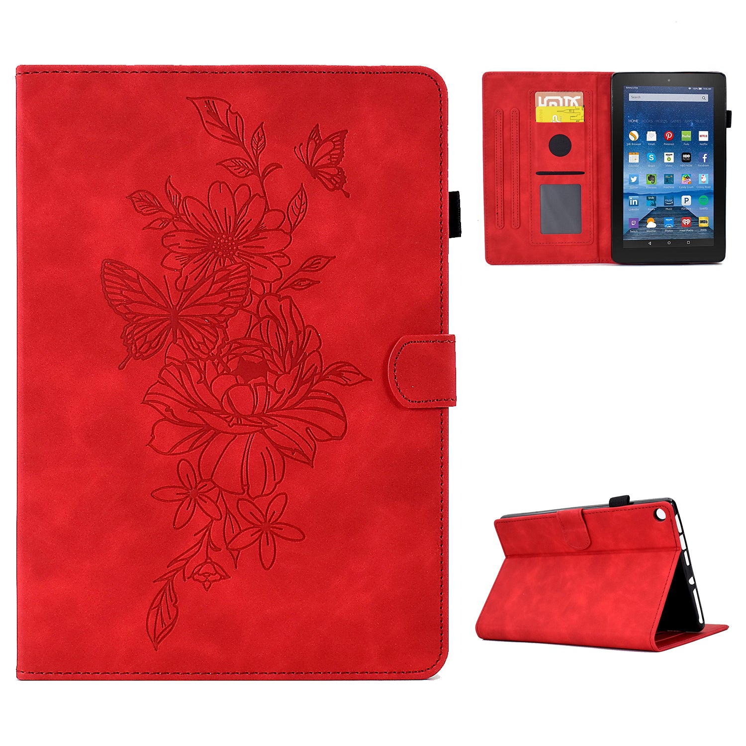 For Amazon Fire HD 8 (2016) / (2017) / (2018) Protective Case Butterfly Flower Pattern Imprinted Leather Case Stitching Line Tablet Cover with Card Holder / Stand