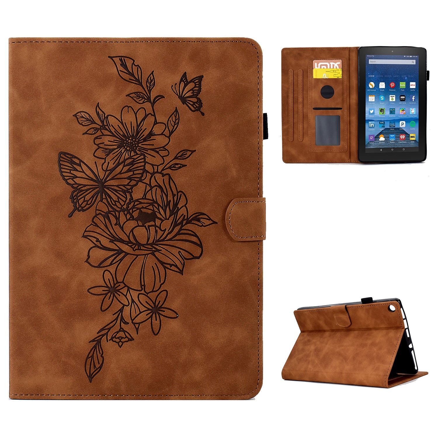 For Amazon Fire HD 8 (2016) / (2017) / (2018) Protective Case Butterfly Flower Pattern Imprinted Leather Case Stitching Line Tablet Cover with Card Holder / Stand