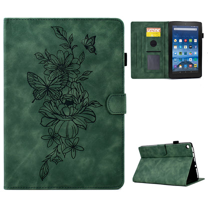 For Amazon Fire HD 8 (2016) / (2017) / (2018) Protective Case Butterfly Flower Pattern Imprinted Leather Case Stitching Line Tablet Cover with Card Holder / Stand