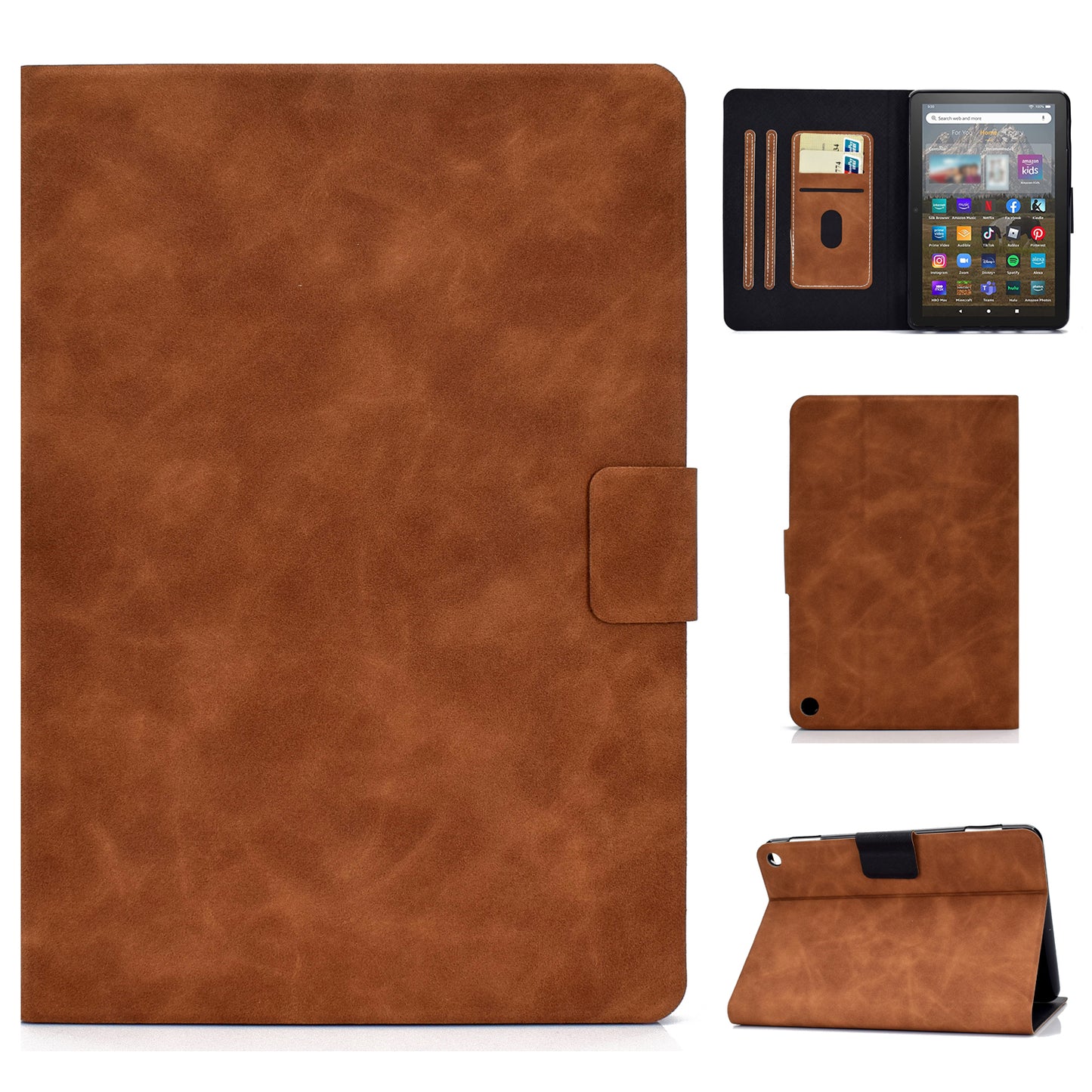 For Amazon Fire HD 8 (2022) Cowhide Texture PU Leather Tablet Case Card Holder Magnetic Clasp Cover with Foldable Stand