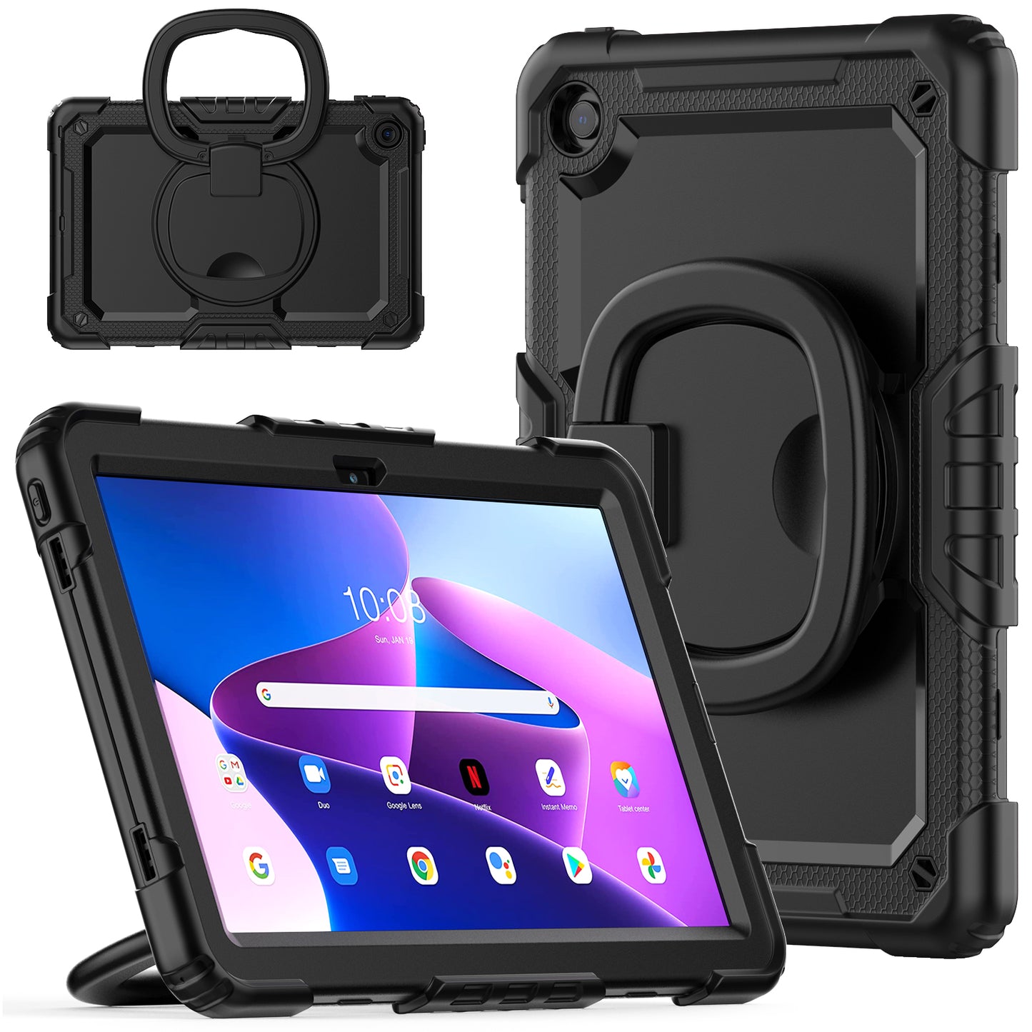 Drop-proof Case for Lenovo Tab M10 Plus (Gen 3) 125FU / 128FU (2022) Anti-Scratch Tablet Case PC + Silicone Shockproof Cover 360-Degree Rotating Kickstand Case with Shoulder Strap