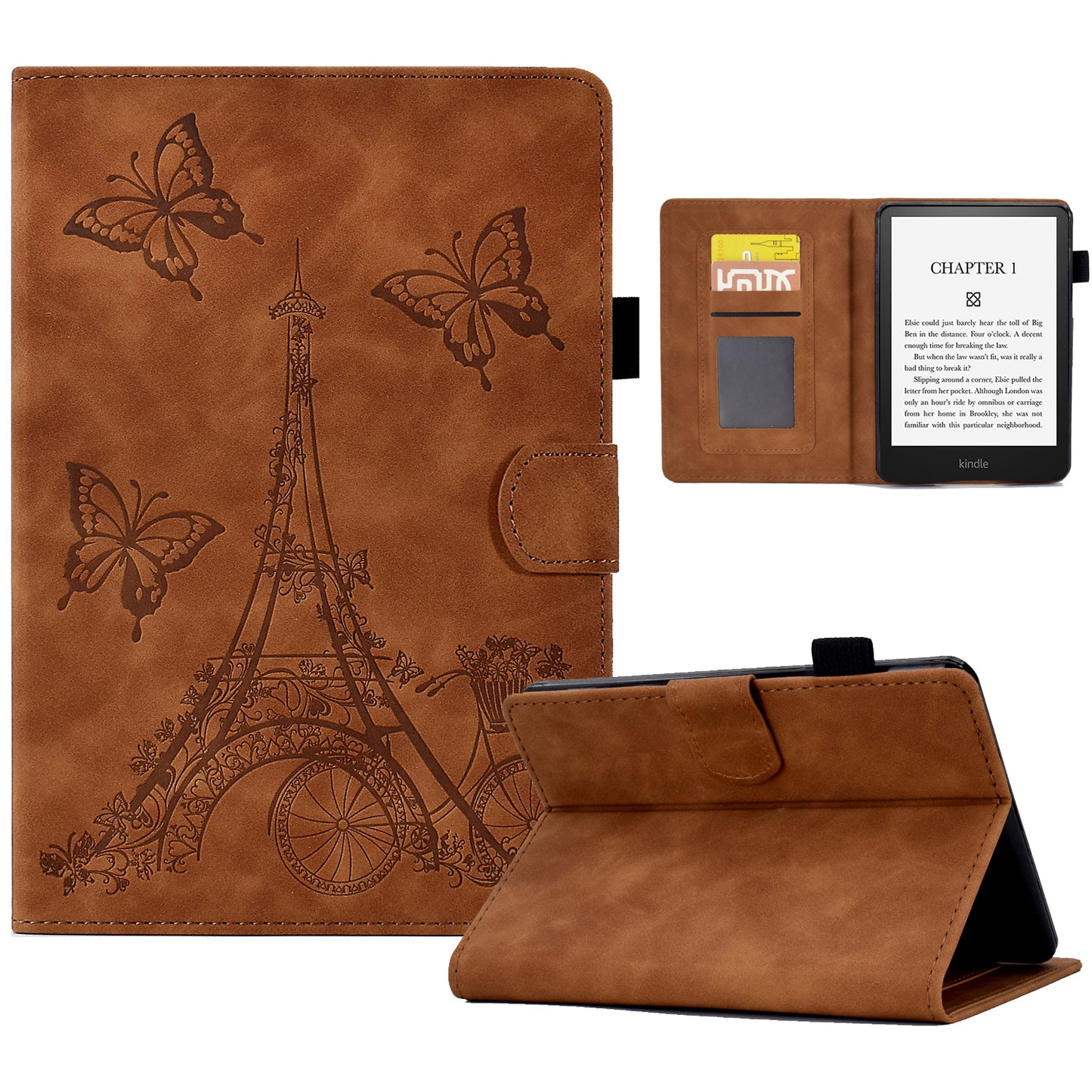 For Amazon Kindle Paperwhite 5 (2021) Tower Bike Butterfly Pattern Imprinted E-reader Case Microfiber Leather Card Holder Stand Case