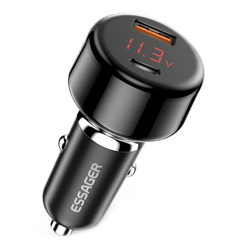 ESSAGER 65W Car Charger USB-A + Type-C Dual Port Car Charger Adapter with Digital Display Compatible with Huawei, Samsung, Xiaomi