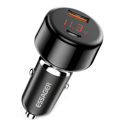 ESSAGER 65W Car Charger USB-A + Type-C Dual Port Car Charger Adapter with Digital Display Compatible with Huawei, Samsung, Xiaomi