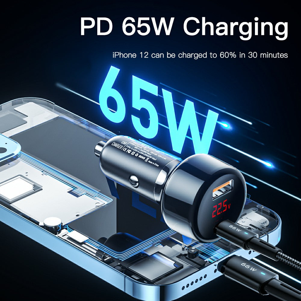 ESSAGER 65W Car Charger USB-A + Type-C Dual Port Car Charger Adapter with Digital Display Compatible with Huawei, Samsung, Xiaomi