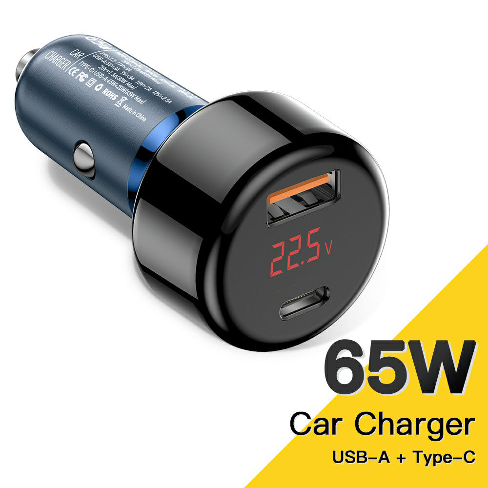 ESSAGER 65W Car Charger USB-A + Type-C Dual Port Car Charger Adapter with Digital Display Compatible with Huawei, Samsung, Xiaomi