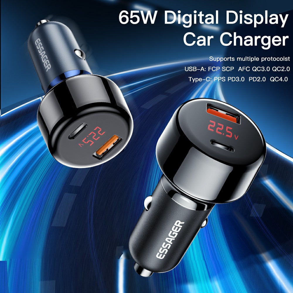 ESSAGER 65W Car Charger USB-A + Type-C Dual Port Car Charger Adapter with Digital Display Compatible with Huawei, Samsung, Xiaomi