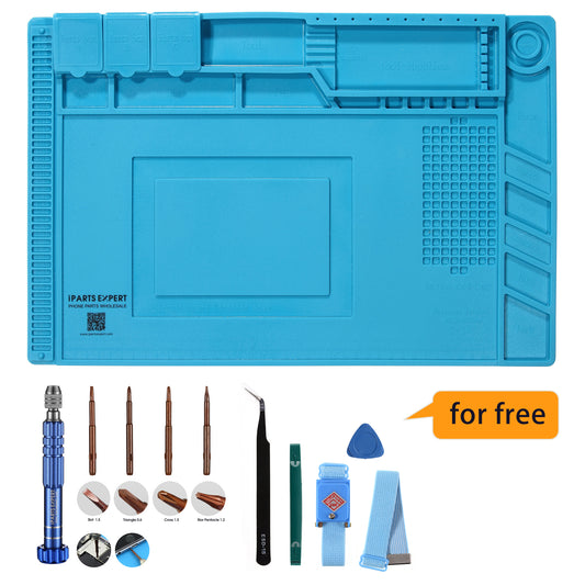 IPARTS EXPERT Silicone Maintenance Pad + Screwdriver Repair Tool Set with Straps, Tweezer &amp; Scraper