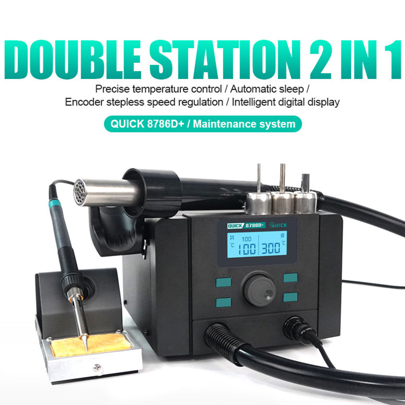 QUICK 8786D+ 220V Double Station 2-in-1 Precise Temperature Control Automatic Sleep Encoder Step-Less Speed Regulation Intelligent Hot Air Soldering Rework Station