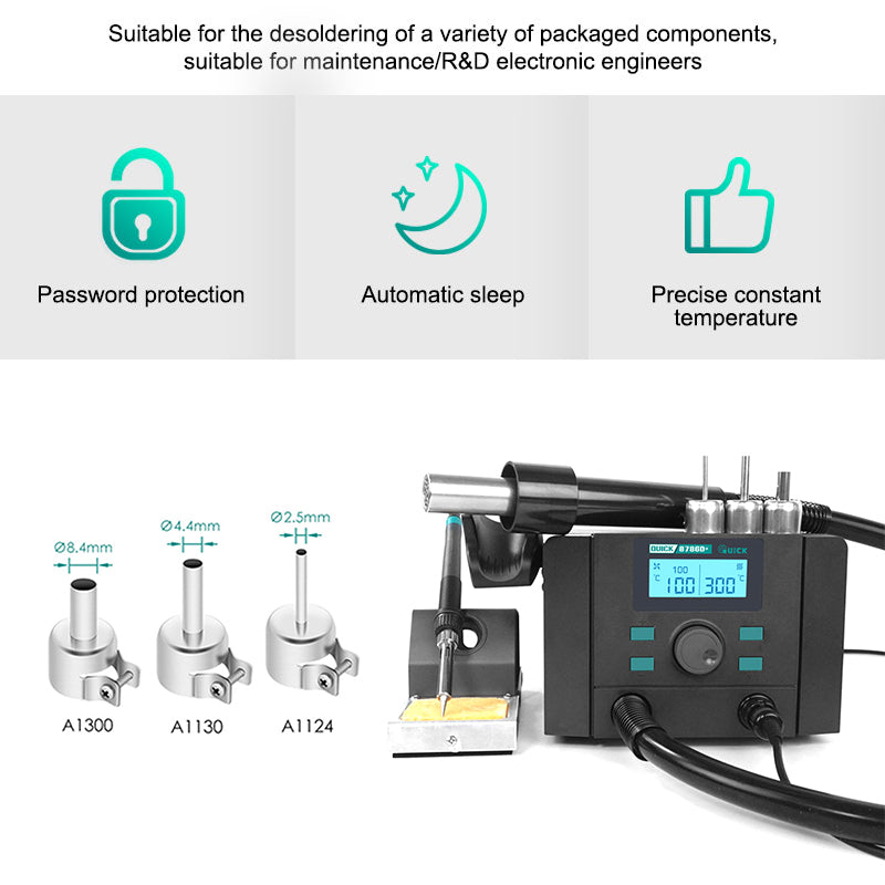 QUICK 8786D+ 220V Double Station 2-in-1 Precise Temperature Control Automatic Sleep Encoder Step-Less Speed Regulation Intelligent Hot Air Soldering Rework Station