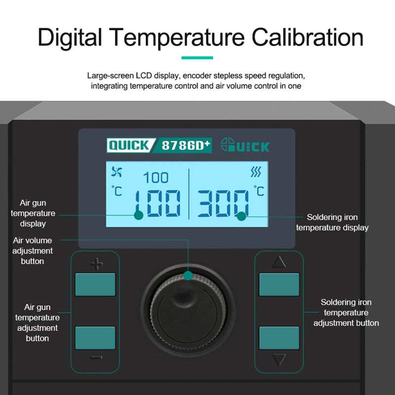 QUICK 8786D+ 220V Double Station 2-in-1 Precise Temperature Control Automatic Sleep Encoder Step-Less Speed Regulation Intelligent Hot Air Soldering Rework Station