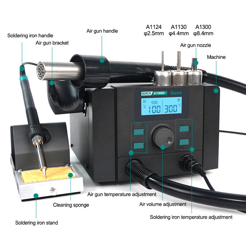 QUICK 8786D+ 220V Double Station 2-in-1 Precise Temperature Control Automatic Sleep Encoder Step-Less Speed Regulation Intelligent Hot Air Soldering Rework Station