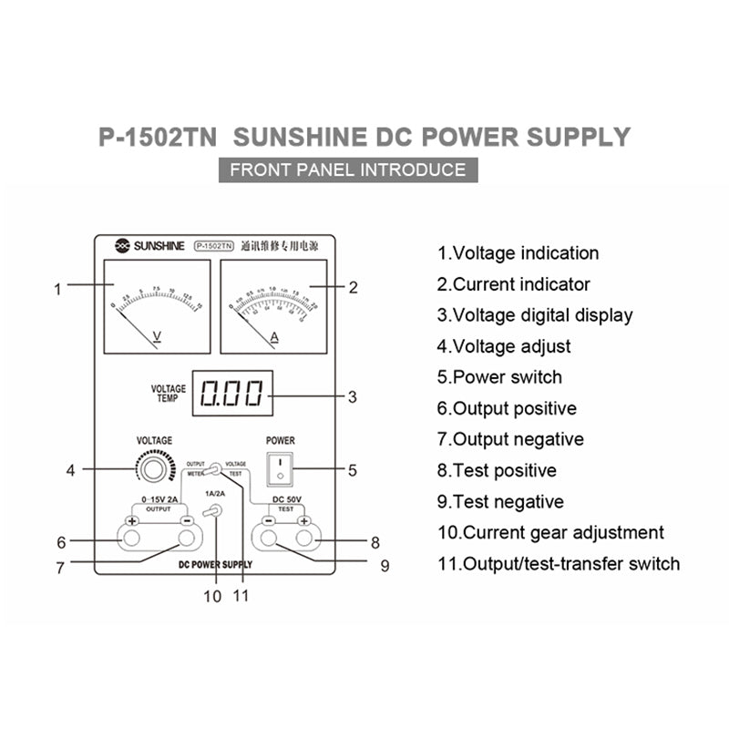 SUNSHINE P-1502TN DC Power Supply Adjustable Constant Temperature Voltage / Current Measurement for Phone Maintenance