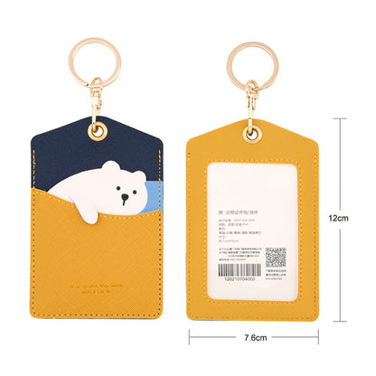 Cute Cartoon Animal ID Badge Holder with Key Ring PU Leather Card Holder Case