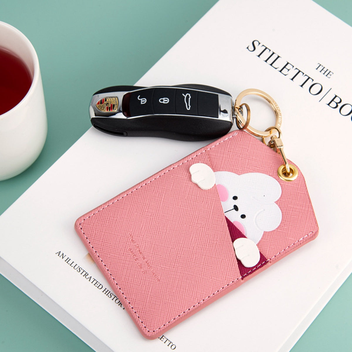 Cute Cartoon Animal ID Badge Holder with Key Ring PU Leather Card Holder Case