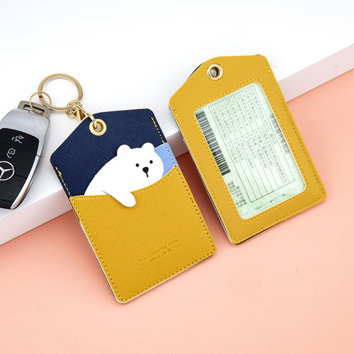 Cute Cartoon Animal ID Badge Holder with Key Ring PU Leather Card Holder Case