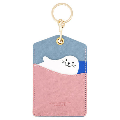 Cute Cartoon Animal ID Badge Holder with Key Ring PU Leather Card Holder Case