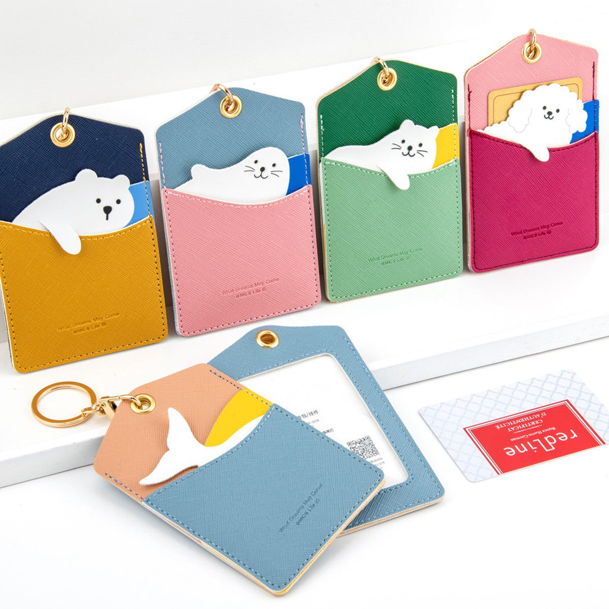 Cute Cartoon Animal ID Badge Holder with Key Ring PU Leather Card Holder Case