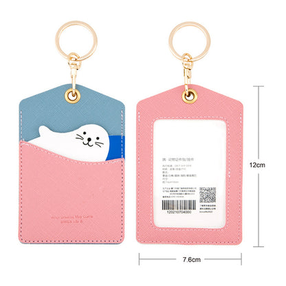 Cute Cartoon Animal ID Badge Holder with Key Ring PU Leather Card Holder Case