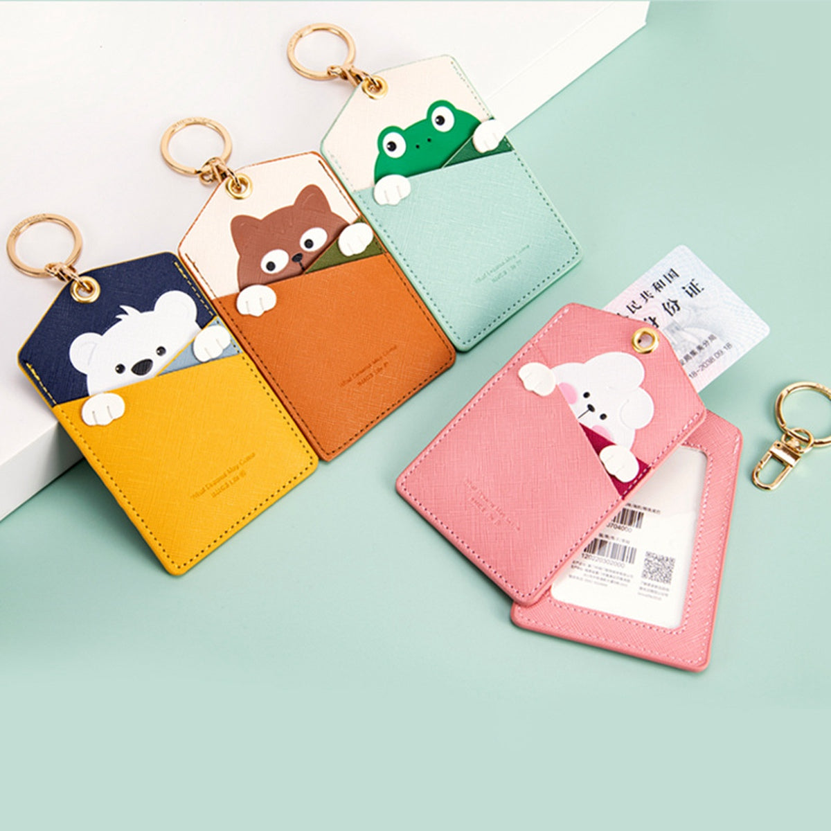 Cute Cartoon Animal ID Badge Holder with Key Ring PU Leather Card Holder Case