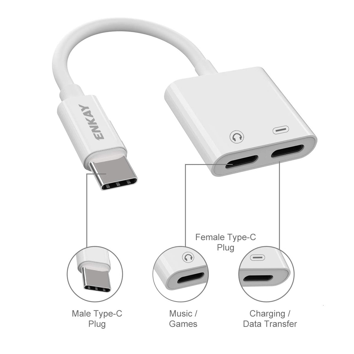 ENKAY HAT PRINCE ENK-AT105 Dual USB Type C Splitter 2 in 1 Audio Converter Type C to Type C Male to Female Adapter