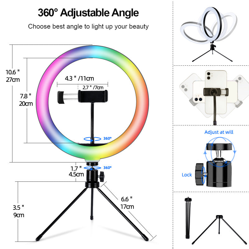 S26-RGB 10-inch RGB LED Ring Light Selfie Photography Fill Light with Phone Holder and Tripod