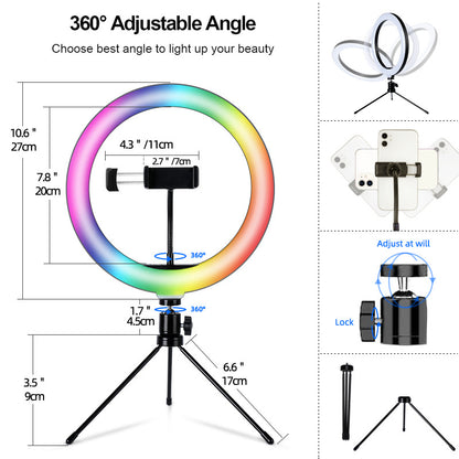 S26-RGB 10-inch RGB LED Ring Light Selfie Photography Fill Light with Phone Holder and Tripod