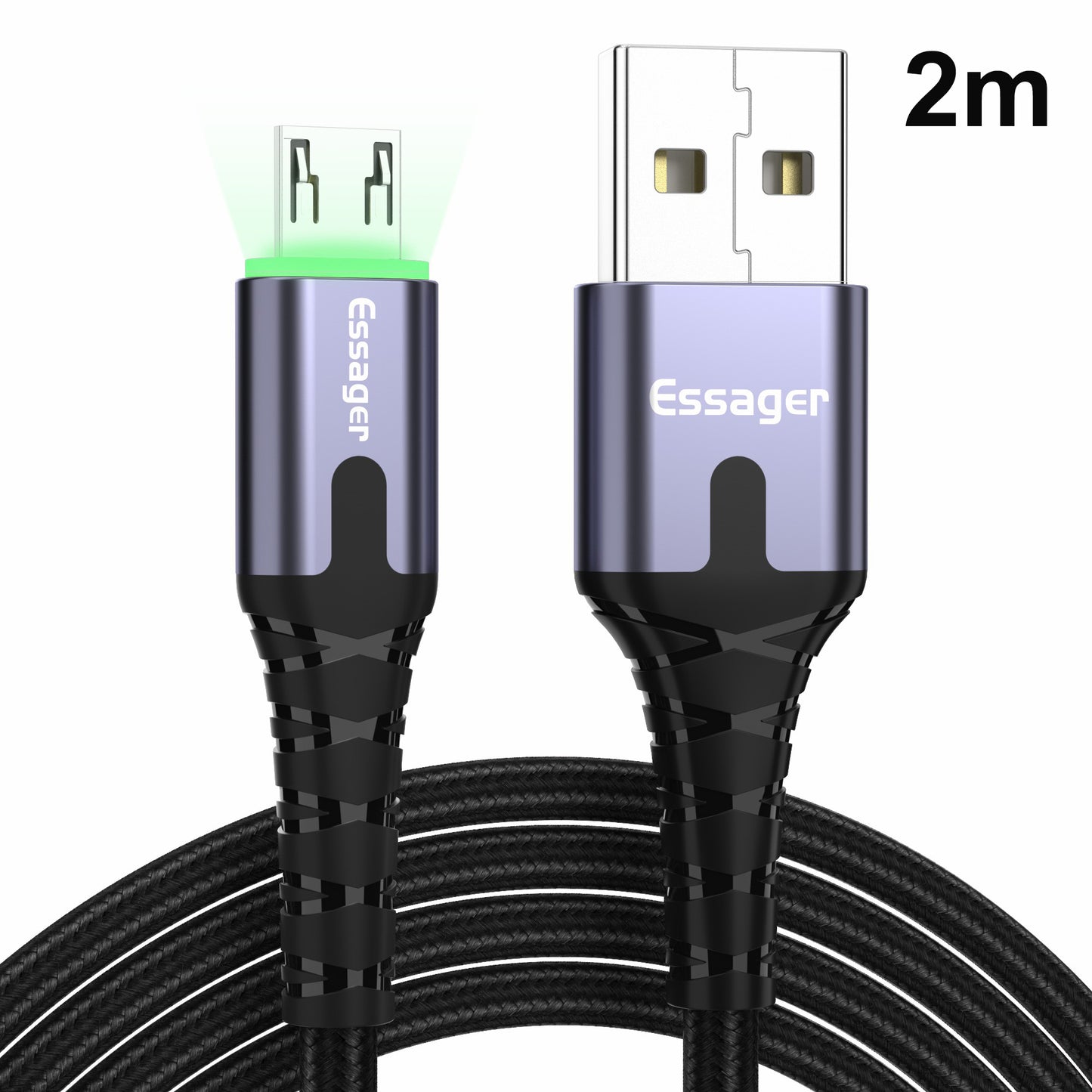 ESSAGER Micro USB to USB Nylon Braided Data Sync Charging Cord with LED Indicator 2m