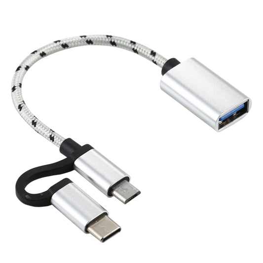 USB 3.0 Female OTG Adapter 2-in-1 Micro USB+Type C Male Nylon Braided Charging Cable Data Cord