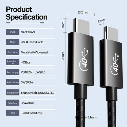 1.5m PD 100W 40Gbps USB4 Data Cable Thunderbolt3 PD Fast Charging Cable High-Speed Full Function Braided Data Cable