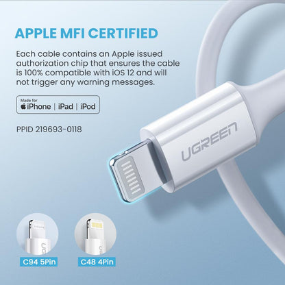 UGREEN 0.25m MFI Certified Type-C to Lightning Data Cable 3A PD Fast Charging Wire