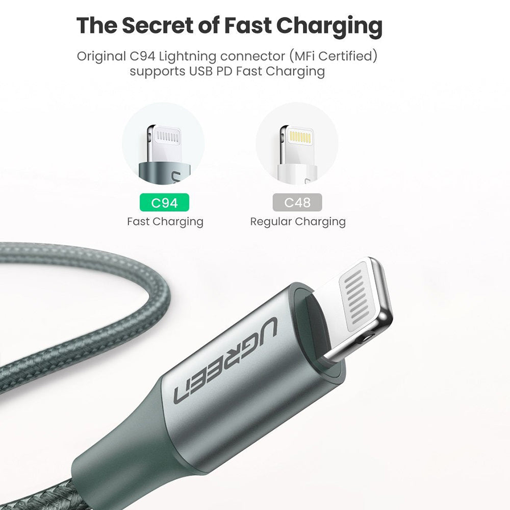 UGREEN MFI Certified Type-C to Lightning 3A PD Charger Aluminum Shell High Speed Data Cable for iOS