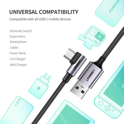 UGREEN 60782 1.5m Fast Charging 18W Right Angle Design Durable Nylon Braided USB 2.0 to Type-C Charging Cable