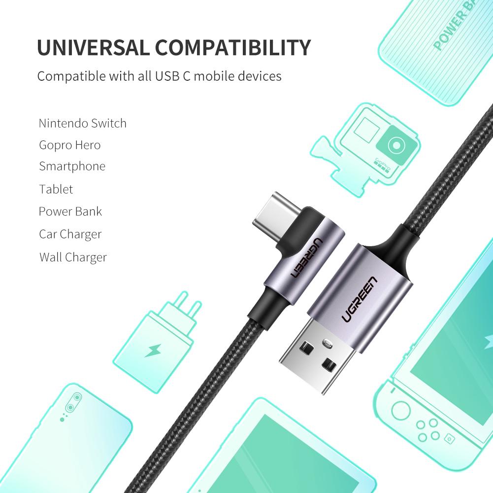 UGREEN 70255 3m Braided Extra Long Length Elbow Design USB 2.0 to Type-C Aluminum 18W Fast Charging Cable