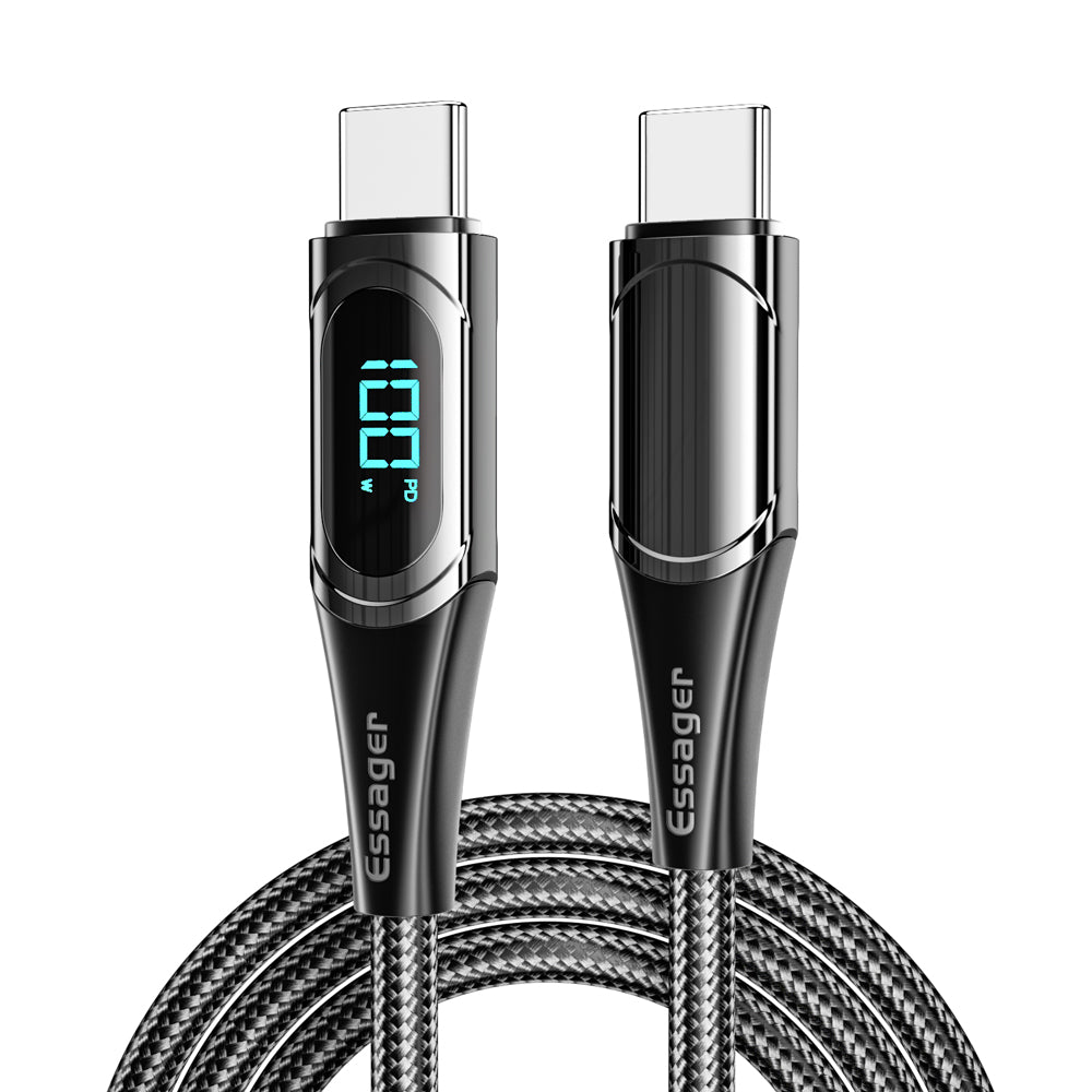 ESSAGER 1m Data Cable Braided Design for MacBook 100W 5A Supports QC 3.0 Charge Cable with LED Digital Screen