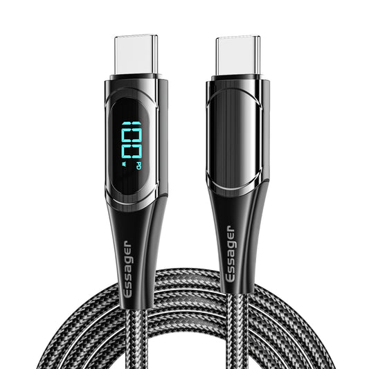 ESSAGER 1m Data Cable Braided Design for MacBook 100W 5A Supports QC 3.0 Charge Cable with LED Digital Screen