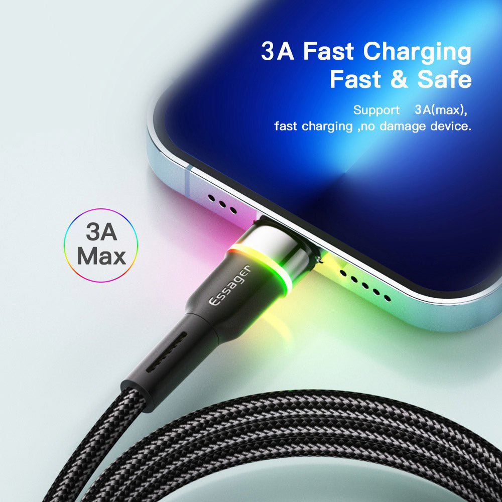 ESSAGER 2m USB-A to 6Pin 3A Fast Charging Cable LED Lighting 480Mbps Transfer Data Cable Cord